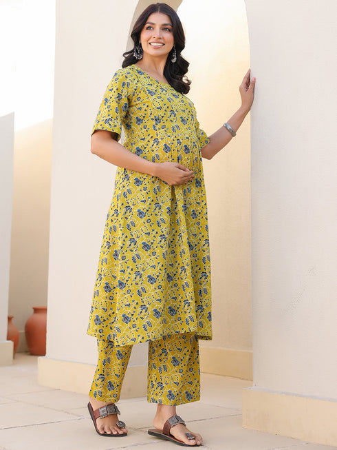 Lime Pure Cotton Floral Printed A-line Maternity Co-ord Set